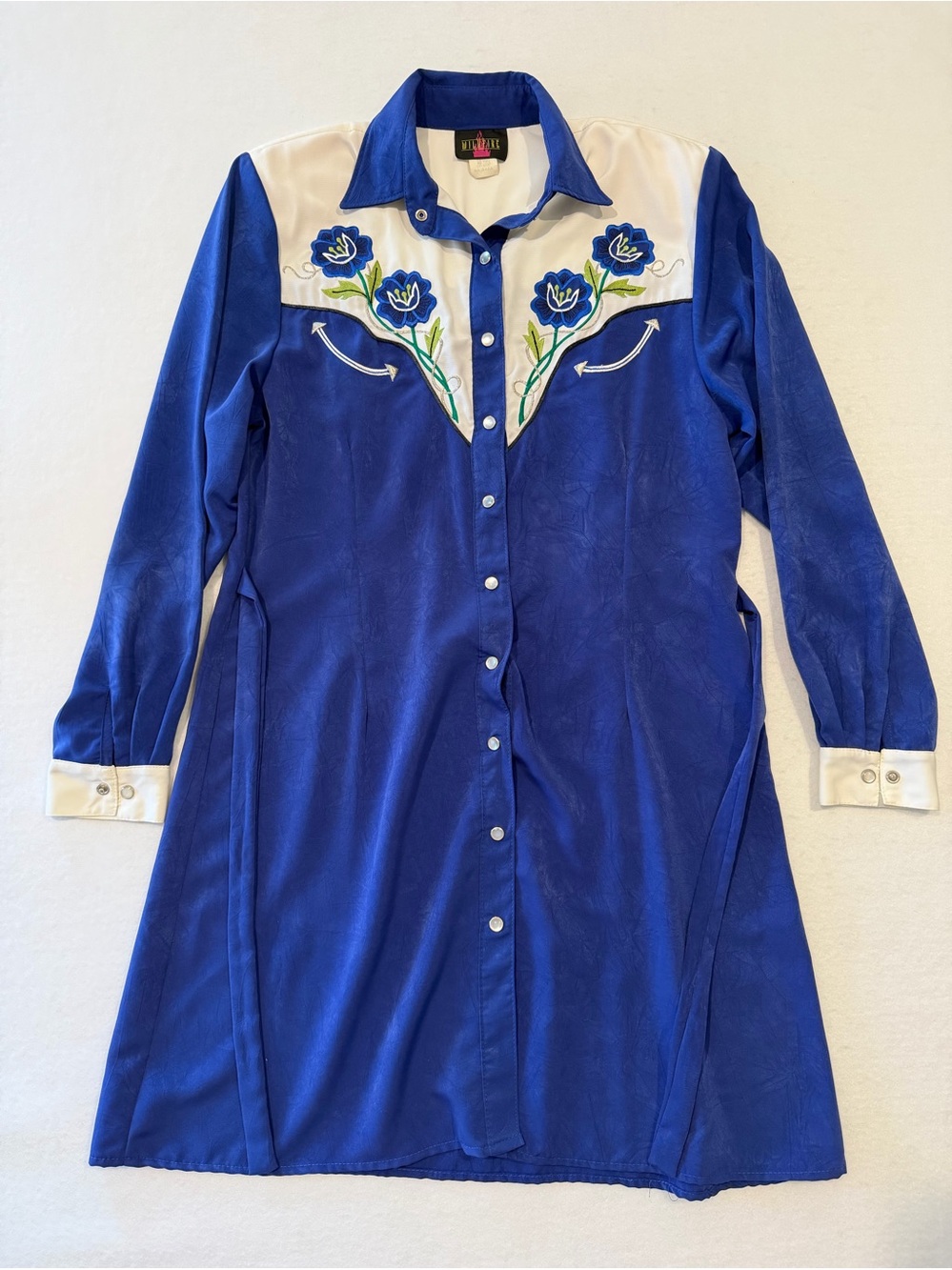 Vintage Wildfire Women’s Shirt Dress M Blue/White Floral Embroidered Cowgirl
